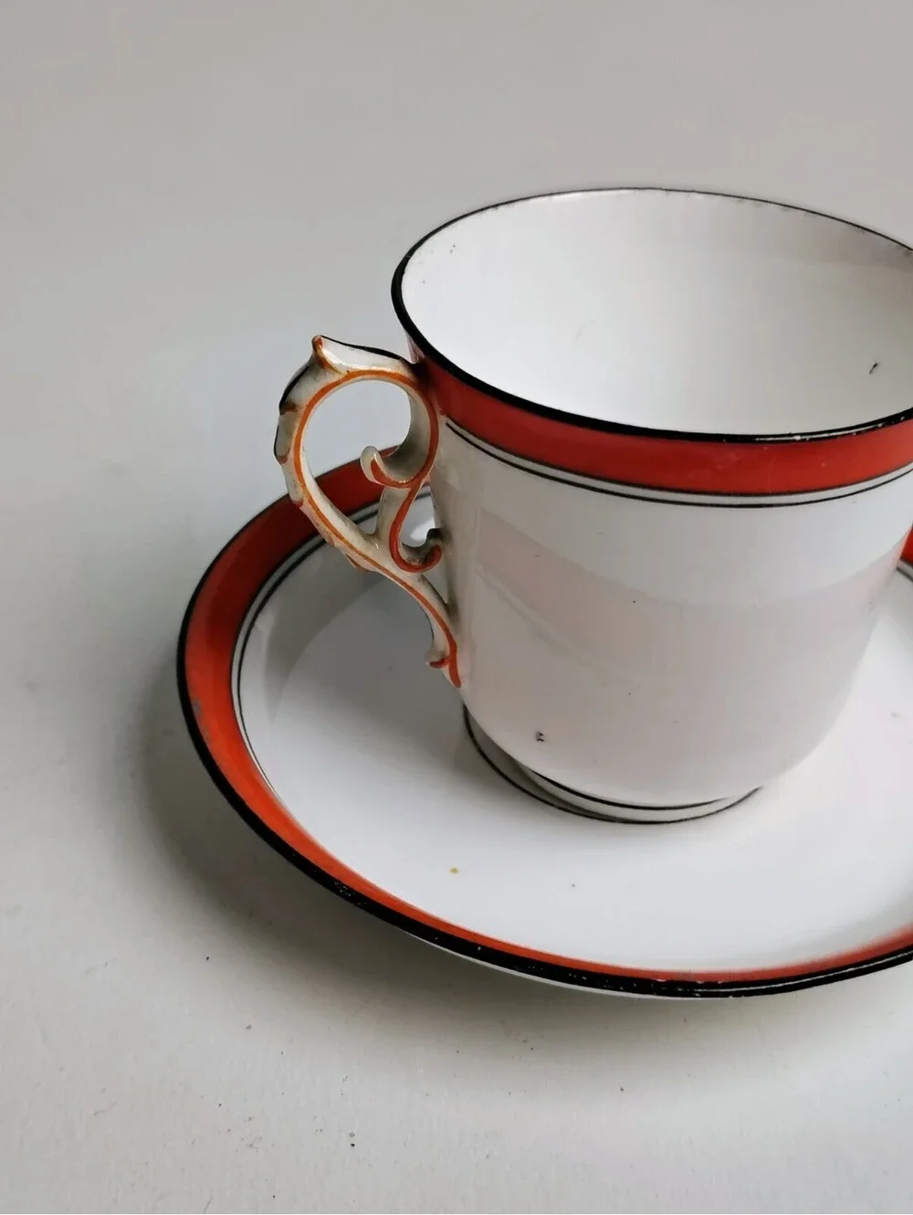 Vintage Antique Fine Porcelain Teacup Saucer Set White Red Orange Band Unmarked